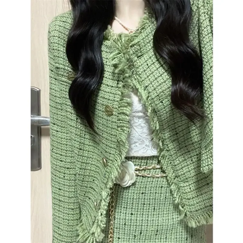 Women\'s Fragrant Style Short Thick Tweed Blazers Half Skirt Set Vintage Plaid Fringe Round Neck Suit Half Skirt Two Piece Sets