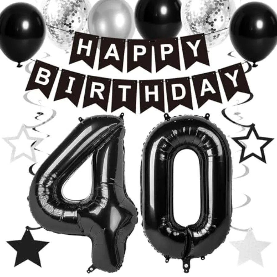 40th زينة عيد الميلاد للرجال النساء أسود فضي 40th عيد ميلاد راية بالونات الدوامات لوازم الحفلات 40 سنة عيد ميلاد P