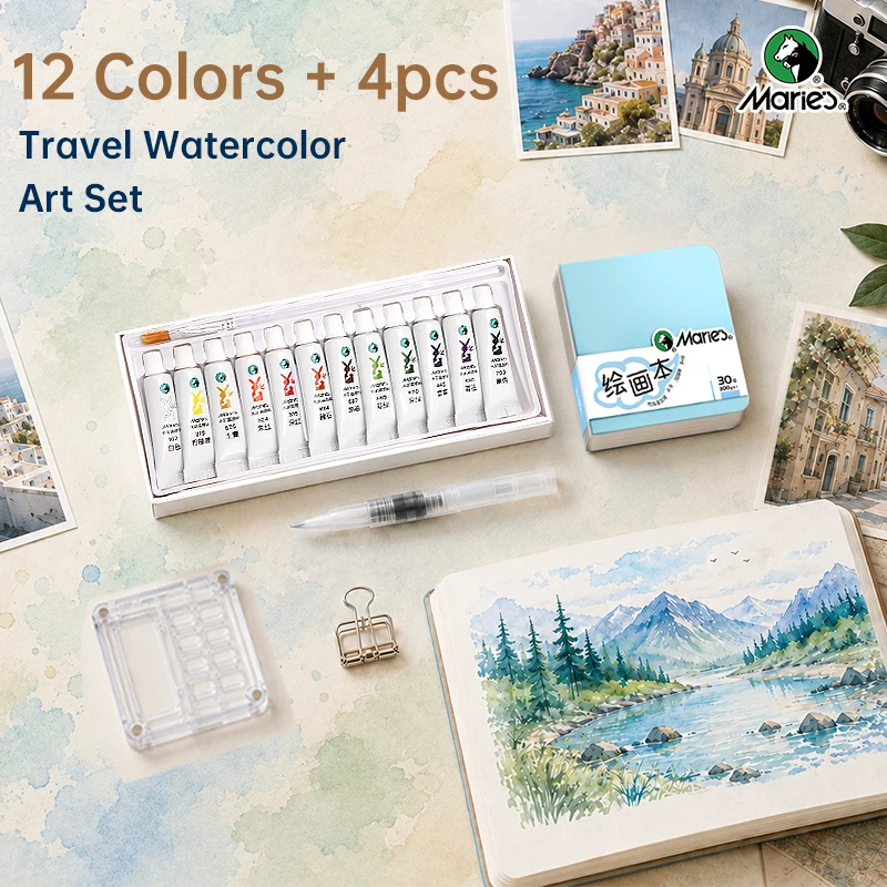 16pcs Maries Watercolor Travel Painting Kit,12 Color 5ml/0.17oz Paint with Blue Pocket Pad,Paint Box,Binder Clip,Brush Pen