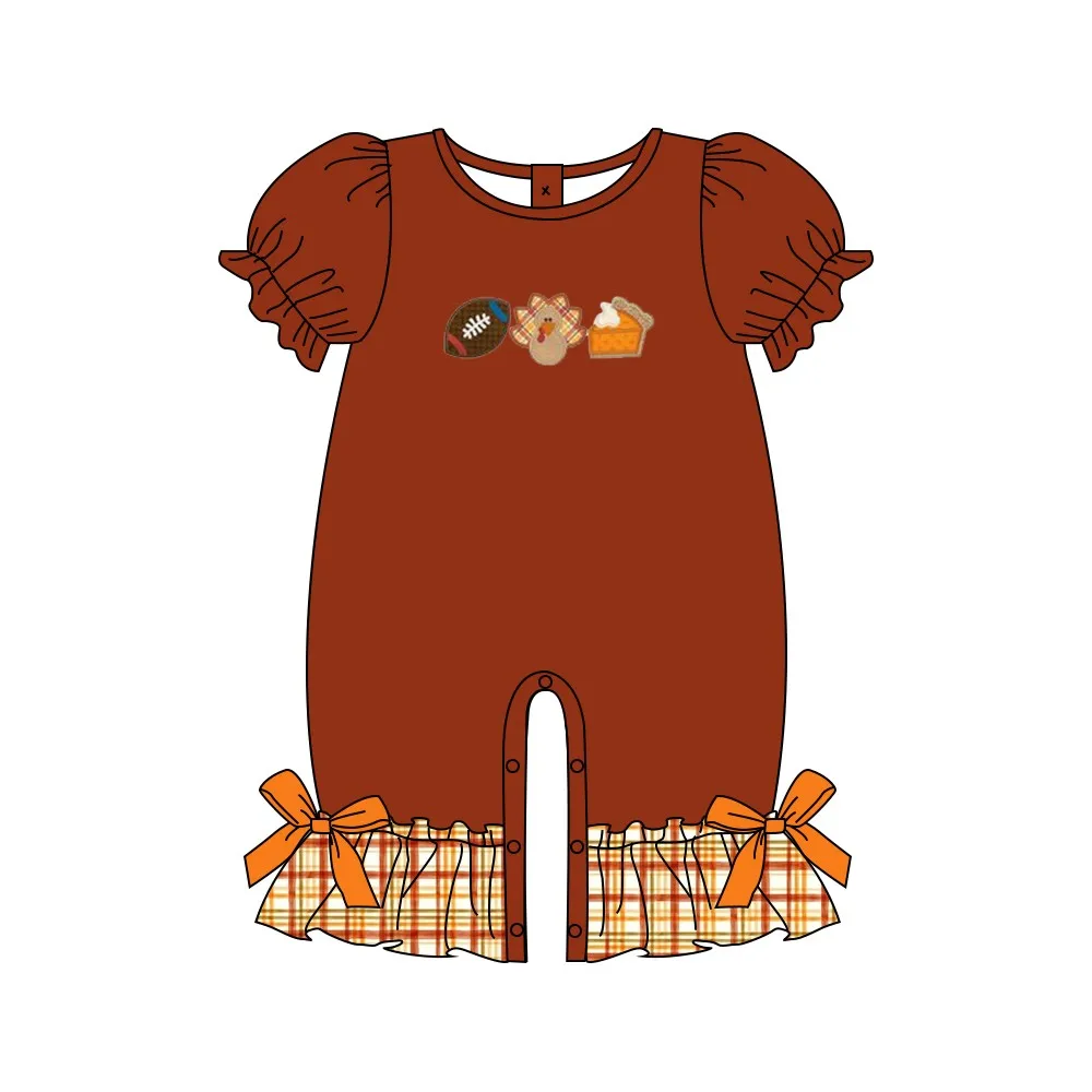 Baby New Cotton Short Sleeve T-shirt Set Round Neck Thanksgiving Turkey Embroidery Boy Brown Top Clothes And Lattice Girl Pants