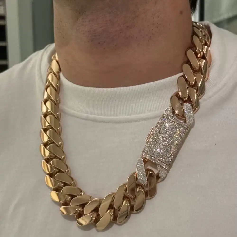 Fashion Custom Moissanite Mosaic Lock Gold Plated 25MM Wide Miami Cuban Link Chain Solid Silver Men Chain Cuban Chain Necklace J