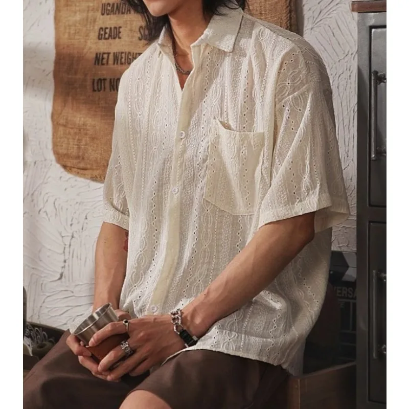 Loose Shirt Trendy Niche Design Sense Hollow Short-sleeved Shirt Men's Summer Ethnic Style Casual Ruffian Handsome