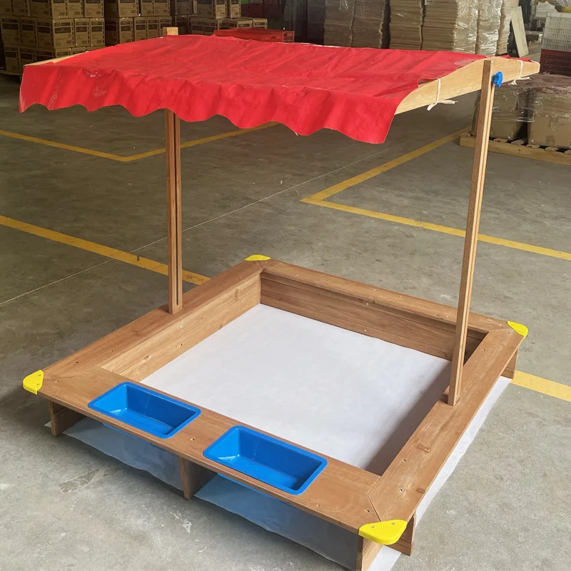 Square Sandpit For Kids With Red Roof DIY Assemble Wooden Playhouse Backyard Sand Box Toy With Sun Shade Canopy