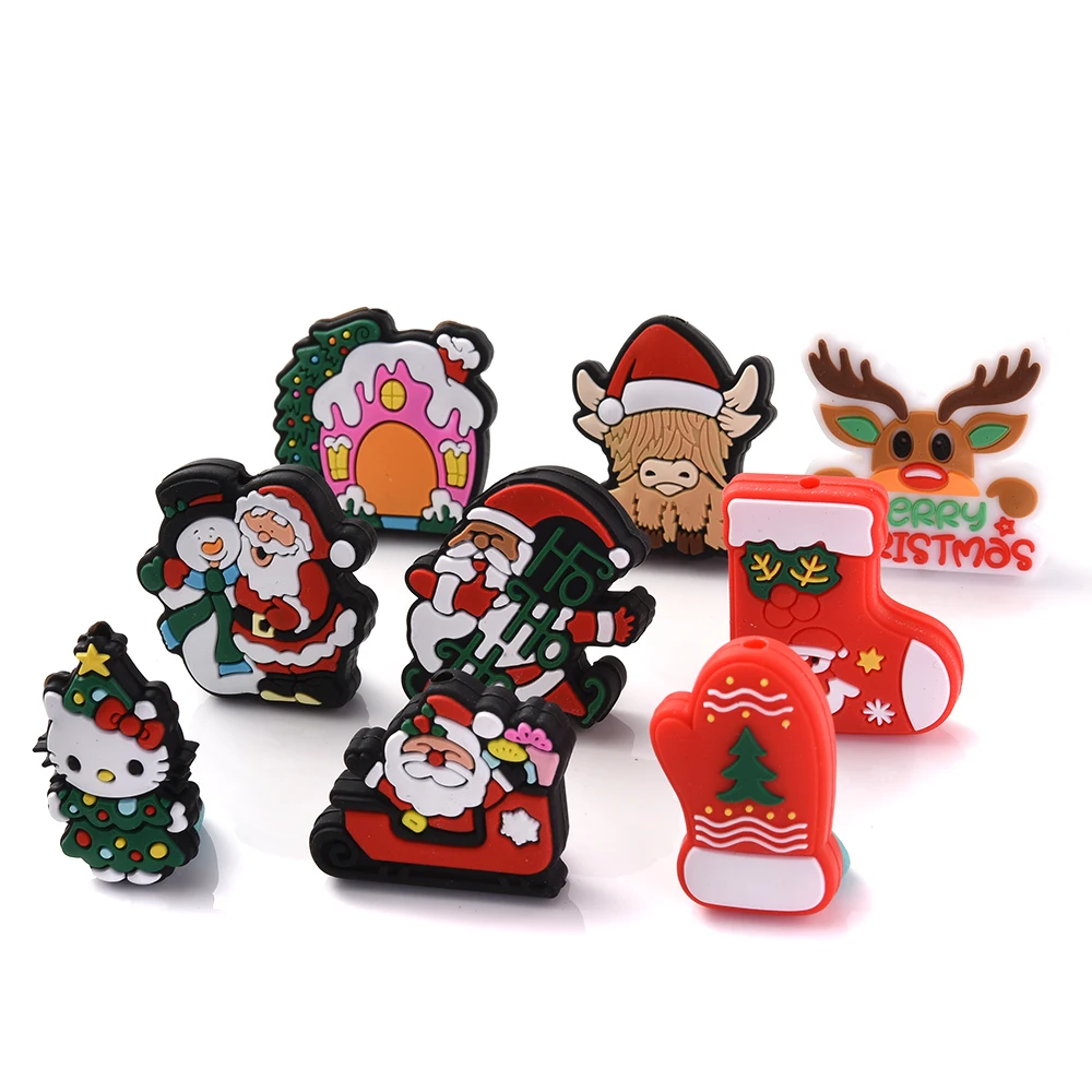 10Pcs Christmas Silicone Beads Cute Santa Claus Spacer Beads Diy Beadable Pen Bracelets Material Accessories for Jewelry Making