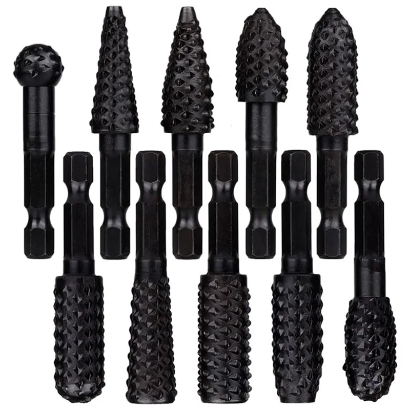 ABJO-10Pcs Rotary Rasp File Set 1/4 Inch Hex Shank Rotary Burrs For Wood Carving Durable Easy Install