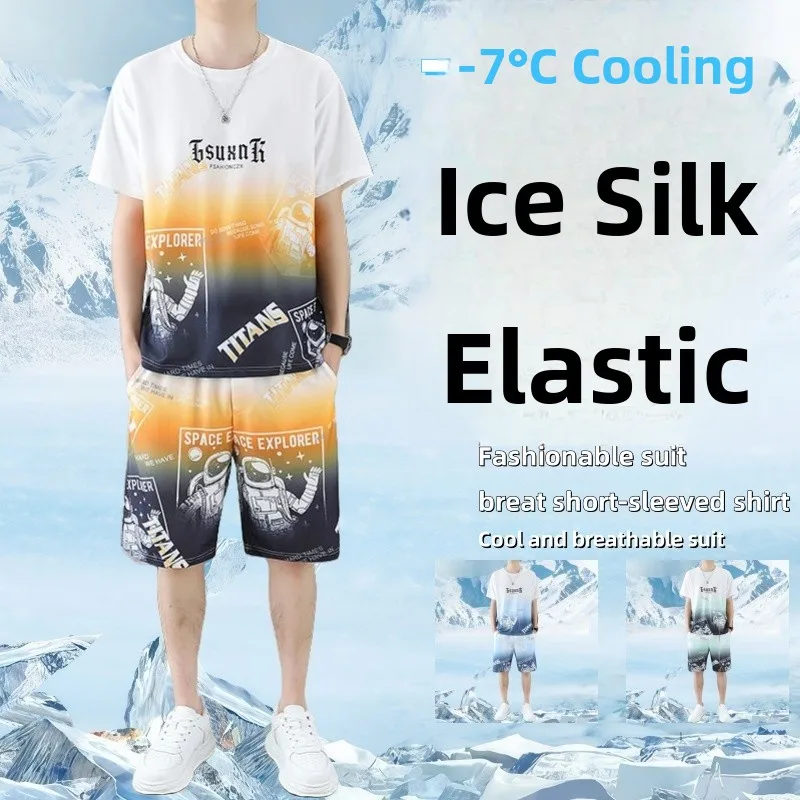 Men's Summer Ice Silk Sportswear Short Sleeve T-shirt And Shorts Two-Piece Set Casual Gradient Color Leisure Suit Polyester F...