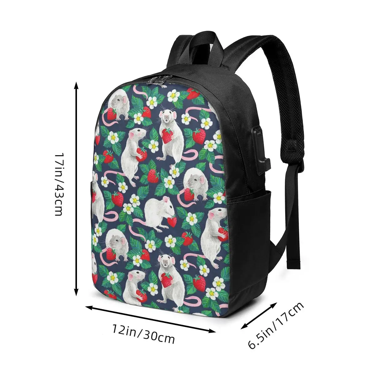 Cartoon Rat With Strawberries Watercolor Backpack Travel Notebook Bag Computer College Student School Bag Laptop Shoulder Bags