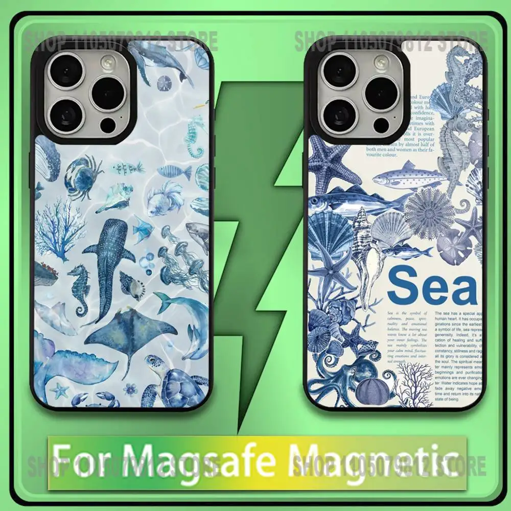 

Fish Shark Blue Sea Ocean Phone Case For iPhone17,16,15,14,13,12,11,Plus,Pro,Max,Mini Soft Magesafe Magnetic Wireless Charge