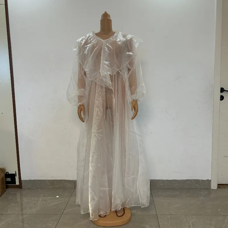 Vestido de Fiesta Transparente Brillante de Gasa Líquida, Vestido Largo Elegante de Manga Larga para Mujer, Vestido Moderno para Baile Masculino