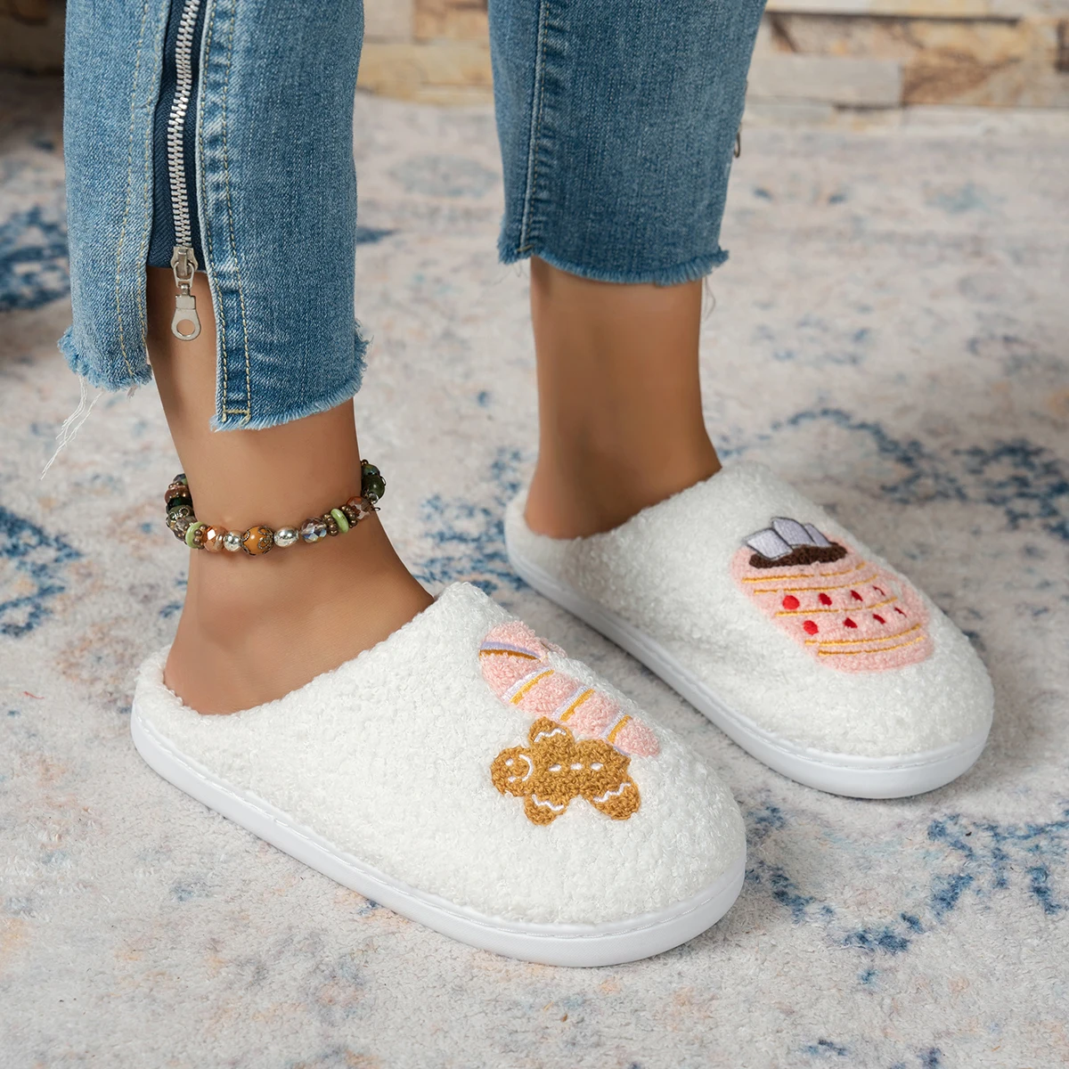 Christmas Women Fuzzy Slippers Embroidery Hot Chocolate Mug Candy Cane Bear Design Warm Non-slip Soft Winter Home Holiday Shoes