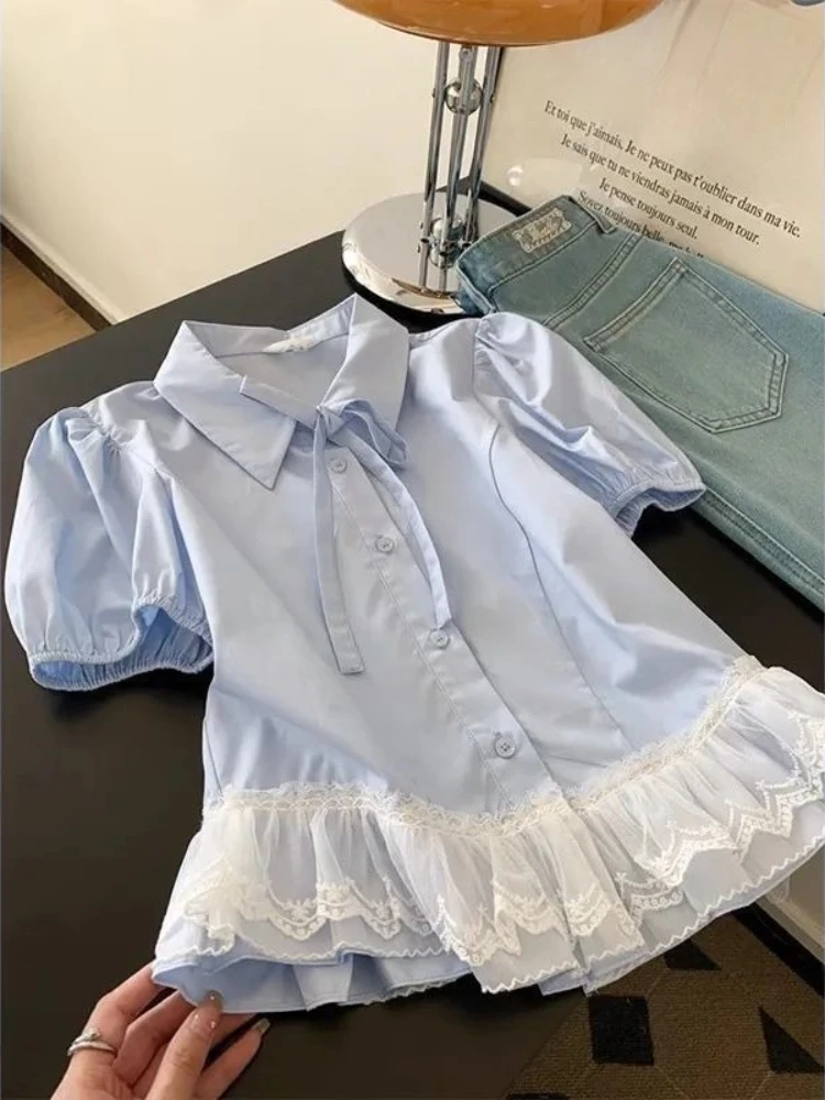 Girls 2026 New French Style Blue Lace Hem Short Sleeve Blouse Elegant High End Look Light Luxury Trendy Kids Top for Summer