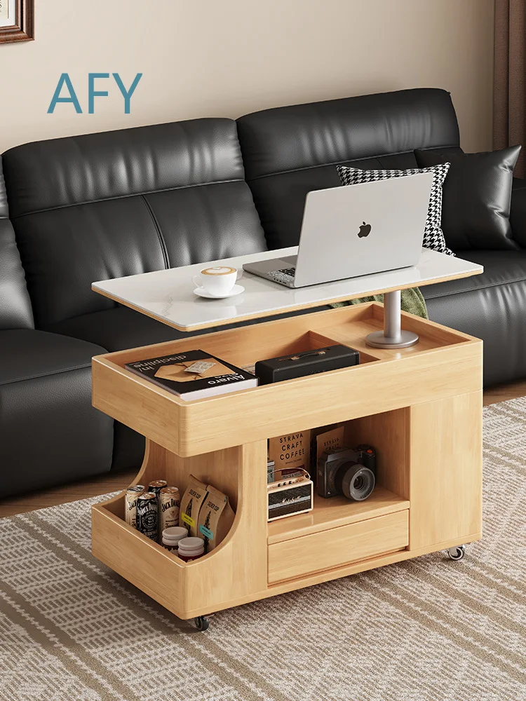 Solid Wood Mobile Coffee Table for Small Living Room Sofa Side Table with Adjustable Height Snack Cart Bus Side Cabinet