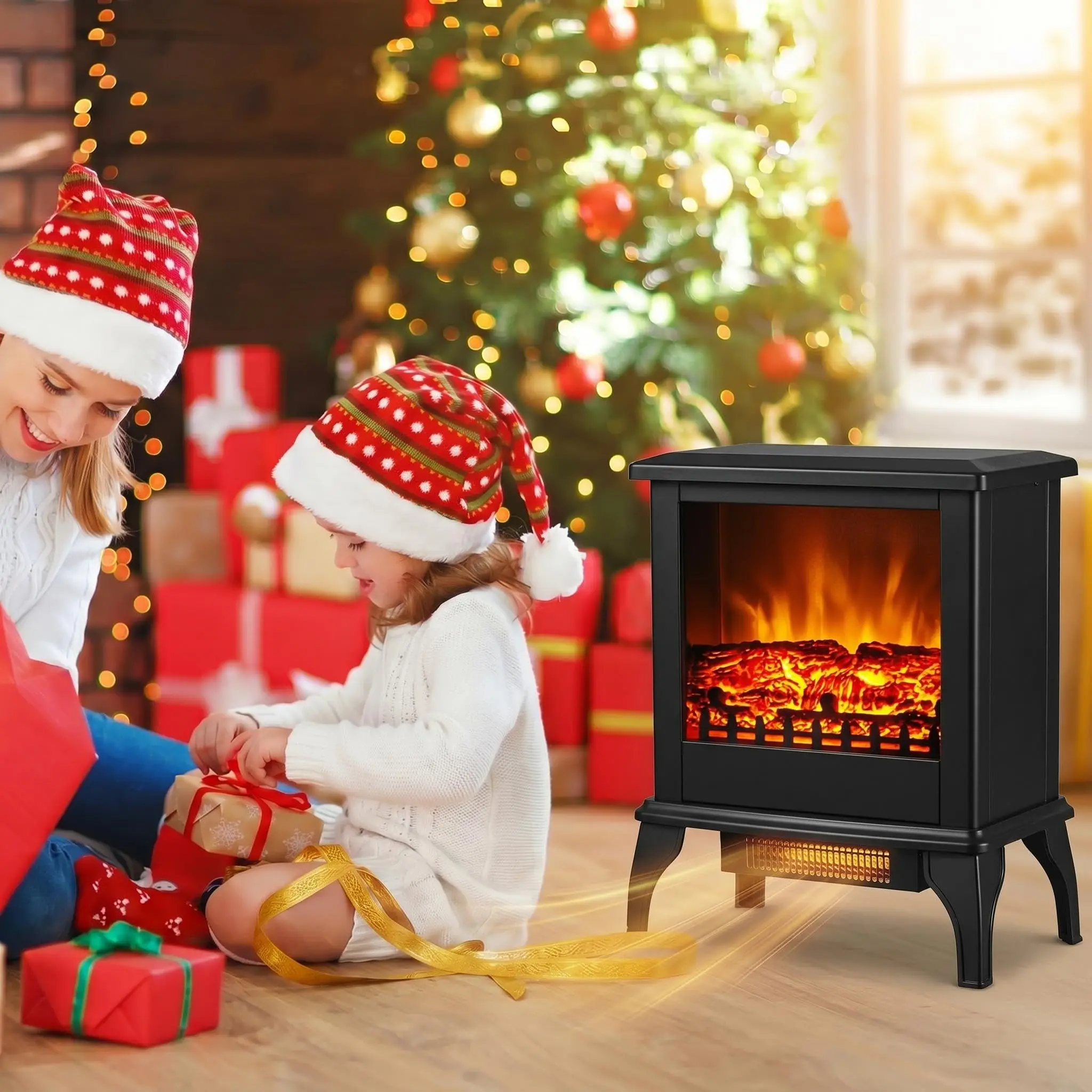 1400W Electric Fireplace Stove Heater – Freestanding Space Heater with Thermostat, Overheat & Tip-over Protection for Bedroom & Living Room