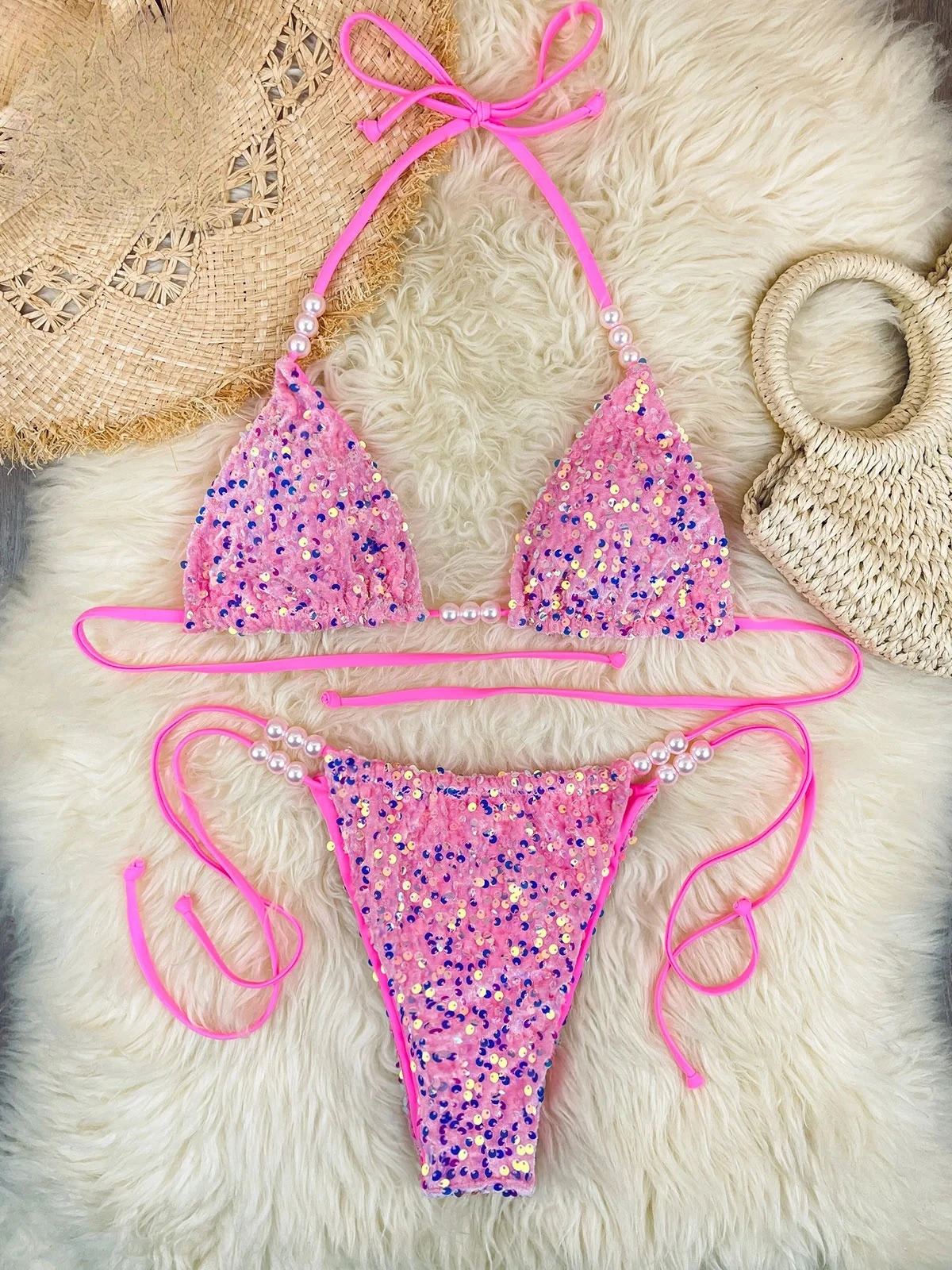 

Melphieer 2pcs Luxe Swimwear Symphony Sequins Pearl Bikini Women Swimsuit Beach Fashion Brazilian Bather Bathing Suit Vacay 2026