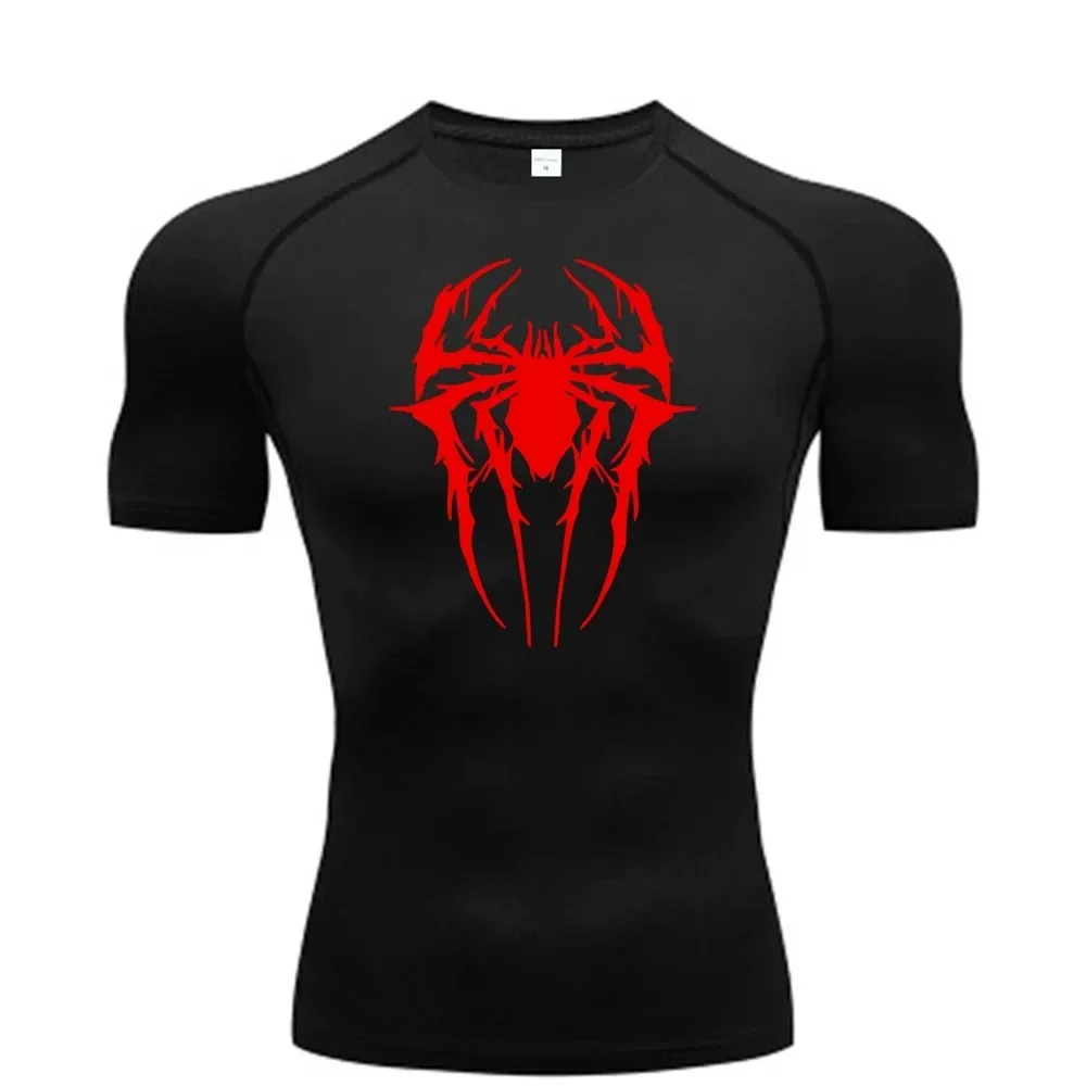 Men's Spider-printed Compressed Shirt, Fitness Sports, Running T-shirts, Fitness Sports Athletes Quick Dry Short-sleeved