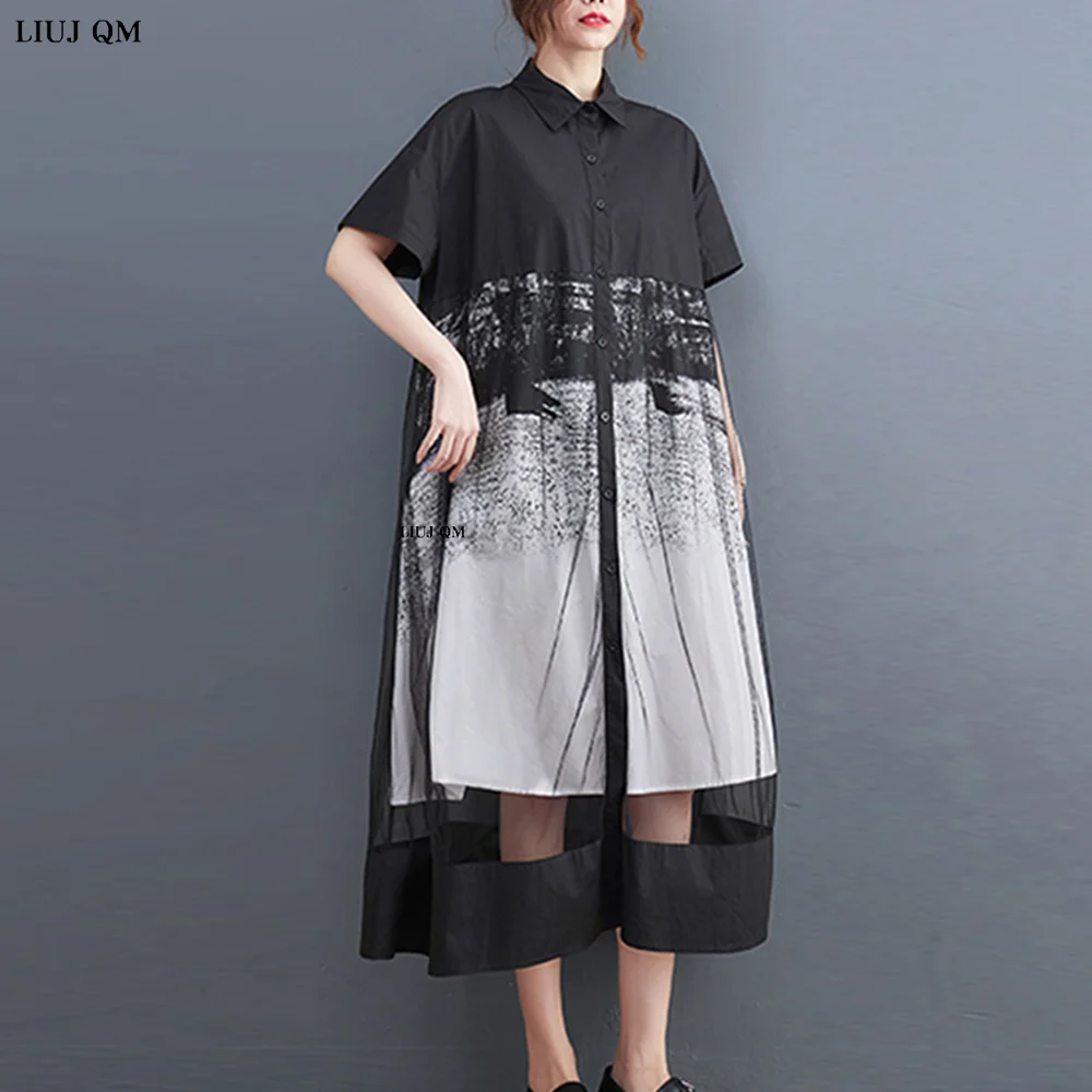 Frauen Kleid Mesh Patchwork Kurzarm drehen-unten Kragen Sommer 2023 Neue Mode Trend Mid-kalb Kleider plus Größe Kleidung