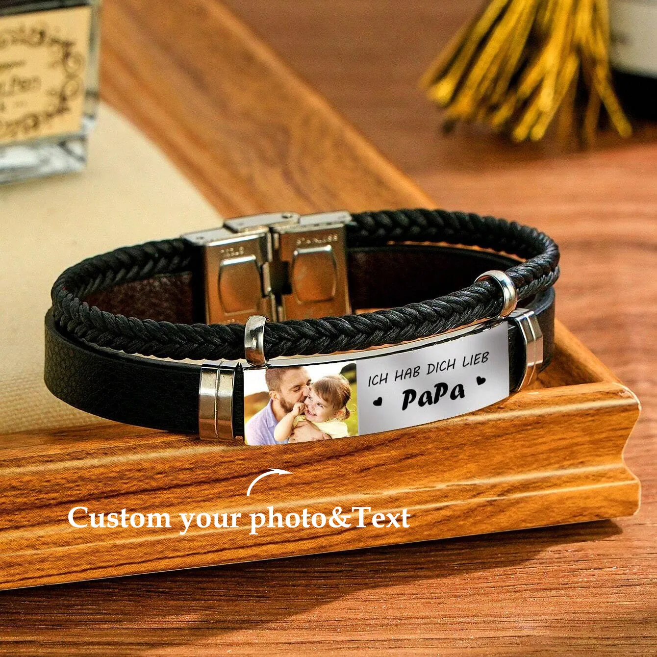 Customized Photo Leather Bracelet with Personalized Text Photo Bracelet Double Layer Black Leather Bracelet Jewelry Gift for Men
