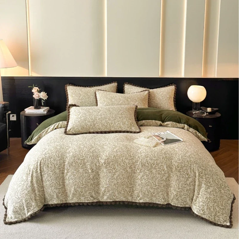 Soft Cozy Jacquard Milk Fleece Bedding Set Cold Water Wash Colorfast Bed-linen Floral Pattern Smooth Breathable Warm Bed Cloth