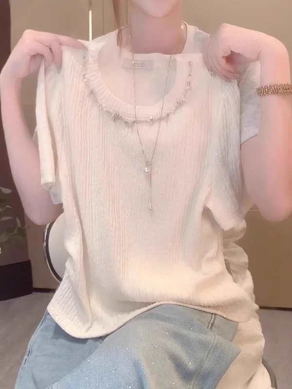 

plus Size Diamond Embedded Ice Silk Knitted Short Sleeve T-Shirt Women's Summer New Style Slimming Top Gathered Waist