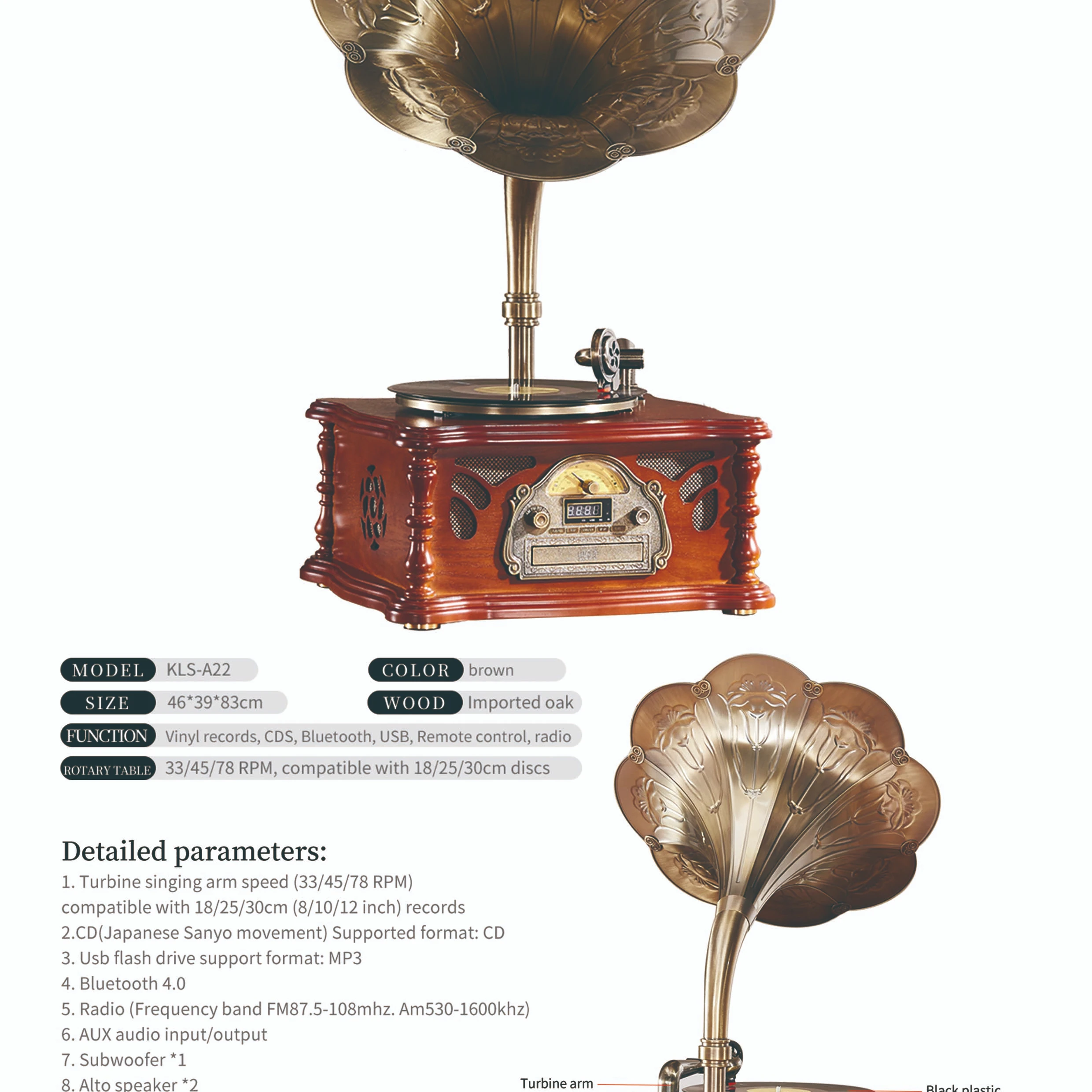 Hot Sale Factory Supply Classic Wooden Radio Gramophone Luxury Retro Vinyl Phonograph Record Player Antique Gramophone