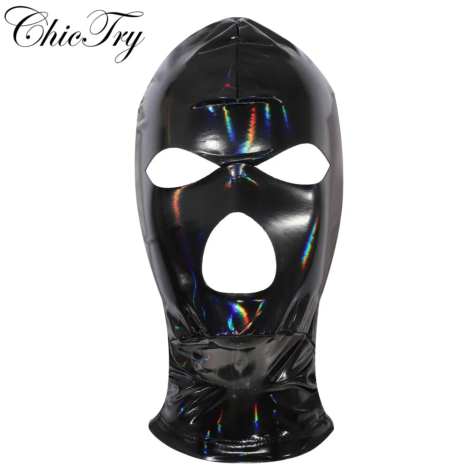 Adults Mens Wetlook Face Mask Latex 3-Hole Cutout Full Face Mask Hood Fancy Party Balaclava Headgear for Carnivals Crossdressing