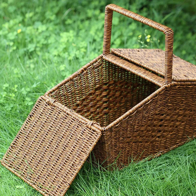 Abae-cesta de mão estilo pastoral com tampa imitação de rattan tecido cesta de piquenique lanches de frutas cesta de armazenamento de artigos diversos