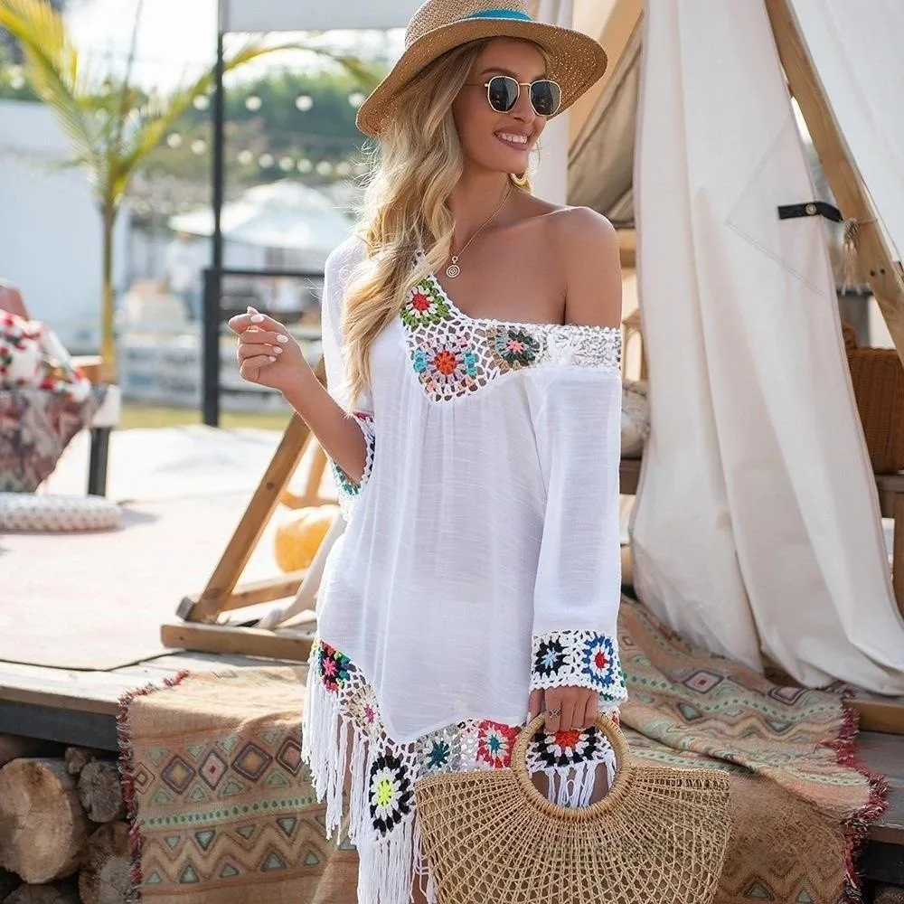 

Fashion Fringe Trim Bikini Cover Up Hollow Design V-Neck Beach Dress Crochet Pattern Bathing Suit Cover for Women