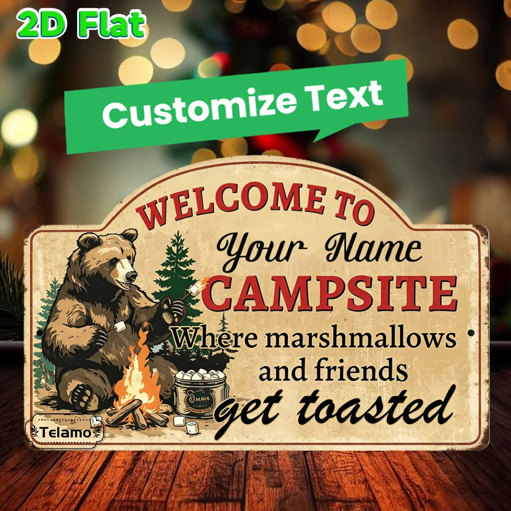 Custom Text Arched Metal Sign, Retro Bear Campfire Marshmallow Art, Holiday Decor, Porch Entryway Decor, Holiday Gift for Family