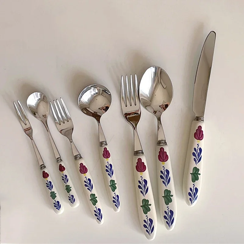 Retro Flower Ceramic Handle Stainless Steel Knife Fork Spoon Dinnerware Dessert Spoon Fork Coffee Spoon Kitchen Tableware