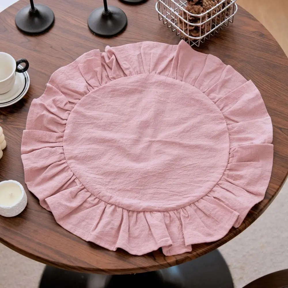 Solid Color Ruffled Placemats Round Cotton Rustic Placemat Afternoon Tea Placemat for Wedding Decoration Table Decor