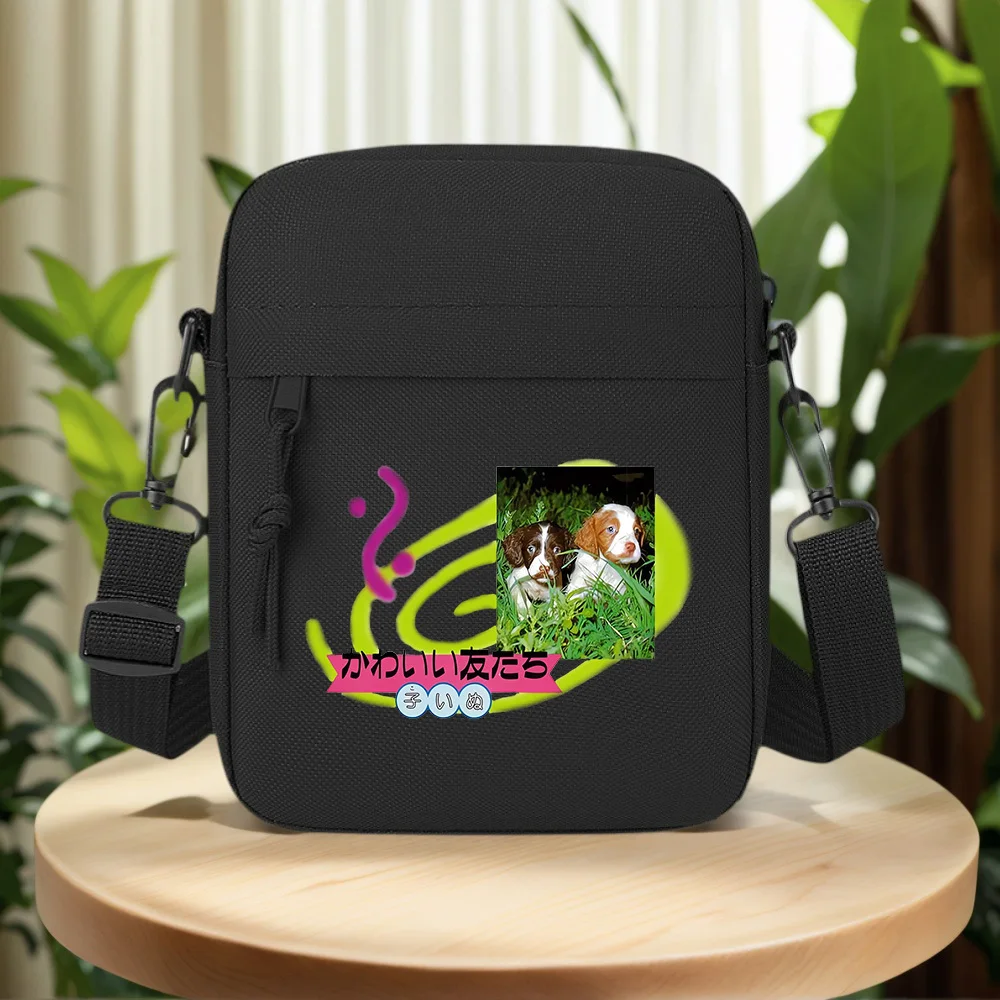 Cute puppy friend image,grassy environment. Men Crossbody Bag Single Shoulder Women Cartoon Anime Film Printing Design Unisex