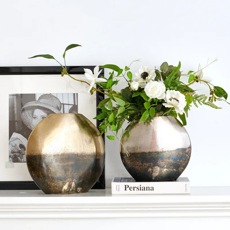 Aluminum gold silver museum style ink painting round flat flower ware home desktop porch vase ornament
