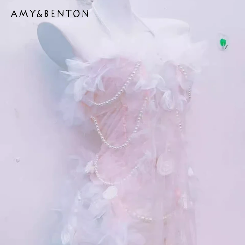 

Original Design Pink Palace Sweet Women's Dress 2025 Summer Autumn Lace Pearl Accessories Off-Shoulder Princess Dresses Ladies