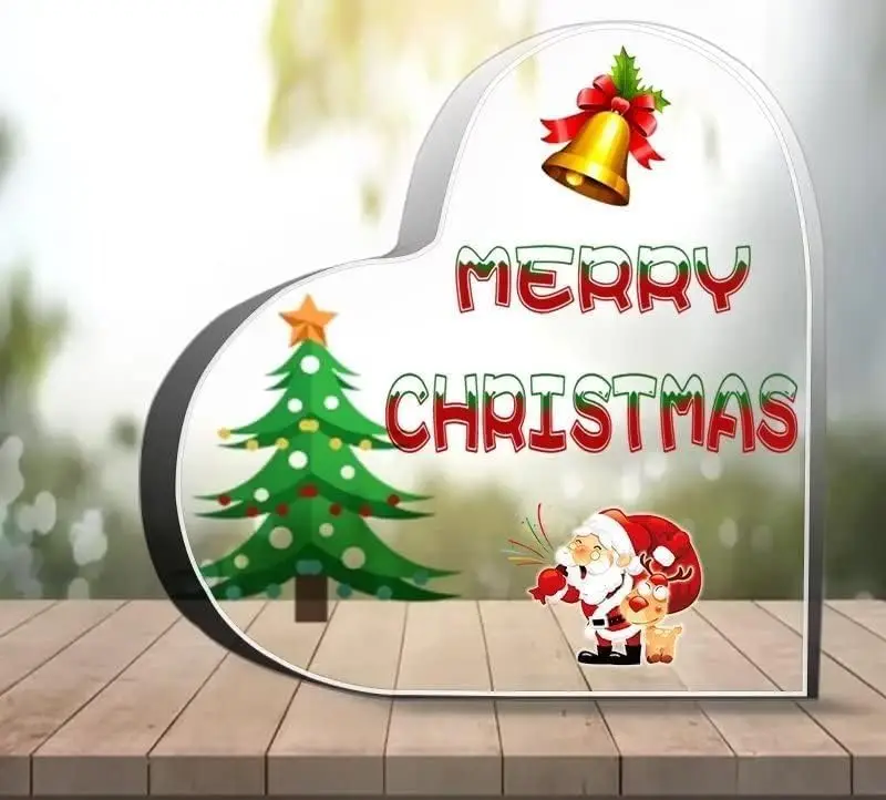 Merry Christmas Acrylic Glass Crystal Heart Gifts for Party Home Decor Festival Gift Acrylic Heart Plaque for Desk Table Top Centerpiece Home Bedroom Living Room Shelf Acrylic Sign for Women Gifts
