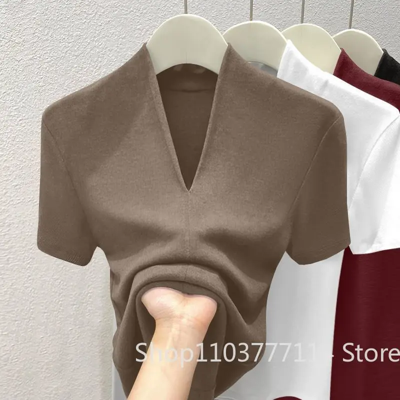 Neues Sommer Sexy V-Ausschnitt Slim T-Shirt für Damen aus Baumwolle, Elastisch, Einfarbig, Lässiges Oberteil mit Kurzen Ärmeln, Atmungsaktiv und Dünn – Detail 9