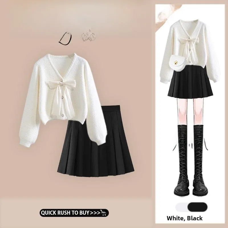 

Новый осенний комплект 2024: вязаный свитер с узлом и юбка А-силуэта с высокой талией для женщин, черный