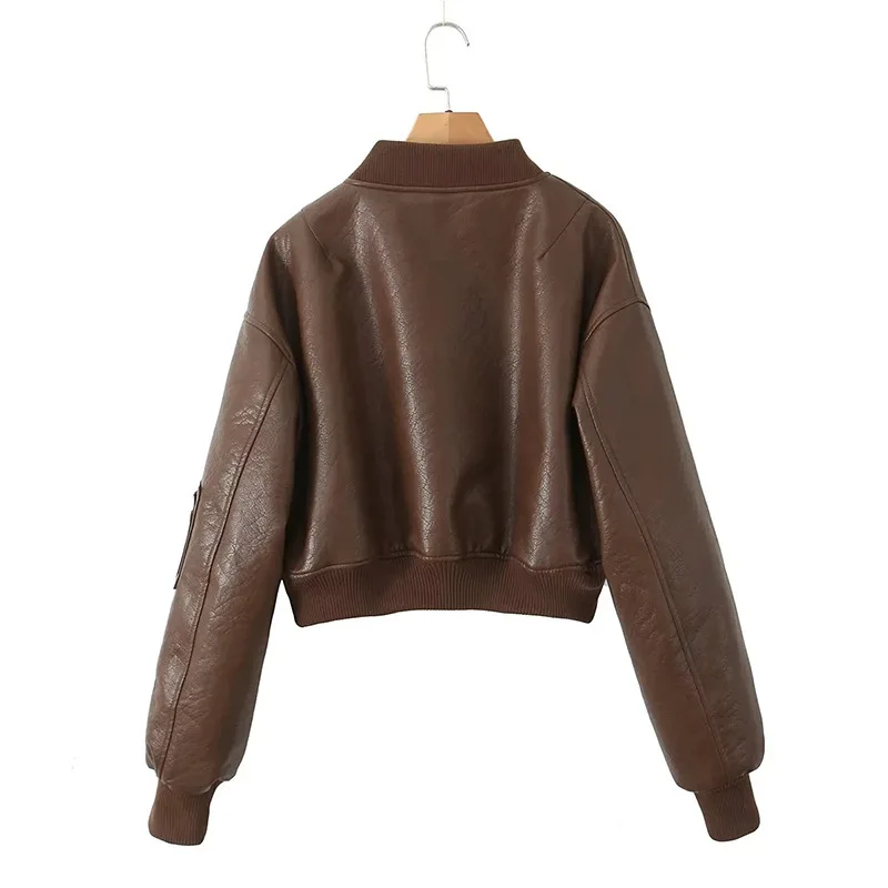 Vintage Leder Bomber jacke Frauen lässig O-Ausschnitt Reiß verschluss taschen Langarm Crop Jacken 2024 Herbst Dame High Street Out wears