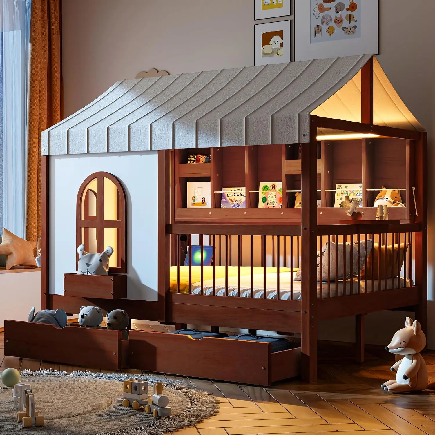 Full House Bed with 2 Drawers & LED Light Bookshelf (Walnut) | High Guardrails, Charging Station, Tent Included