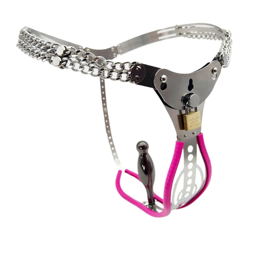 304 Stainless Steel Female Chastity Belt Anal Plug+Vagina Dildo Masturbator Strap Pants Chastity Device Gear with out lock