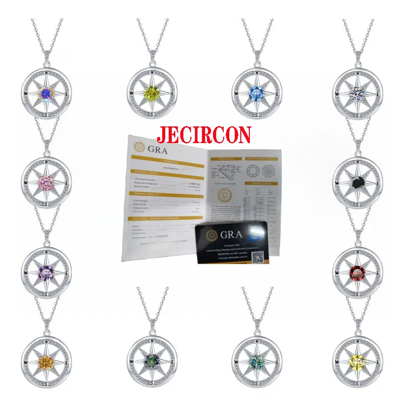 

JECIRCON 1CT красочное ожерелье с подвеской в виде компаса из муассанита, стерлинговое серебро S925, морское ожерелье с подвеской, ювелирные изделия