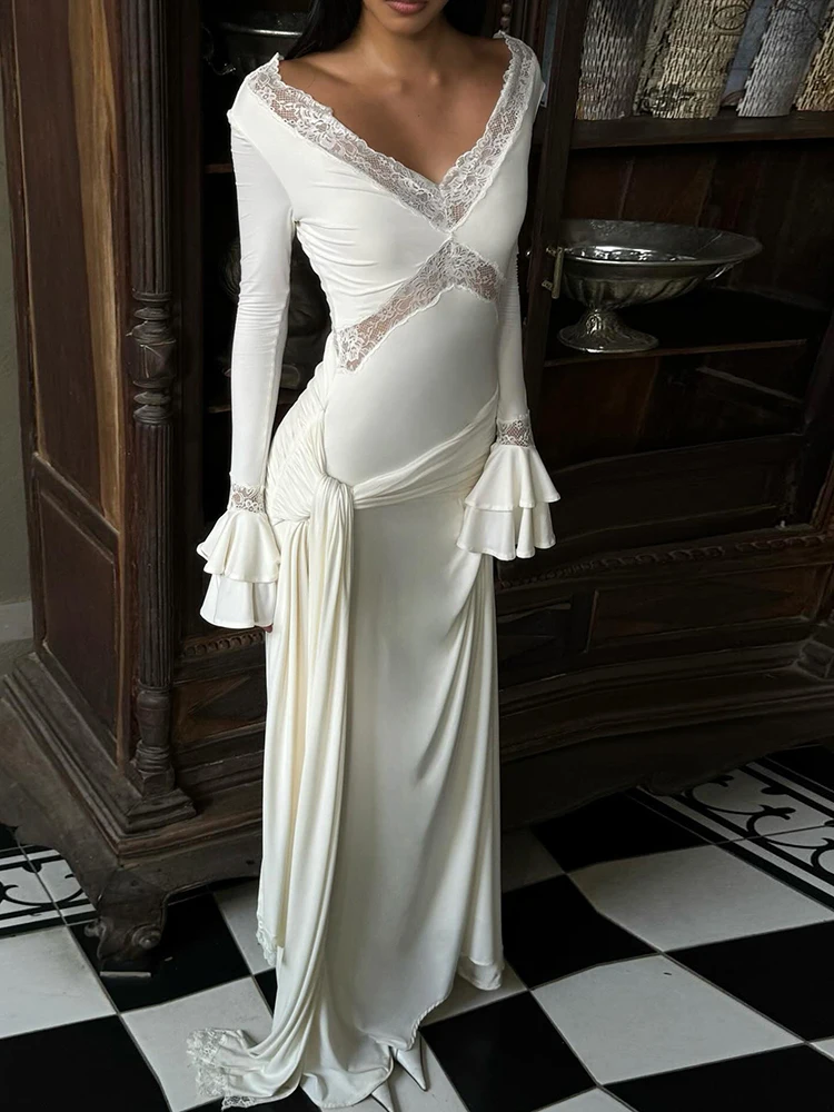 

JULISSA MO Patchwork Sexy V-neck Lace Bandage Women Maxi Dress White Flare Sleeve Hollow Out Skinny Eelgant Party Evening Dress