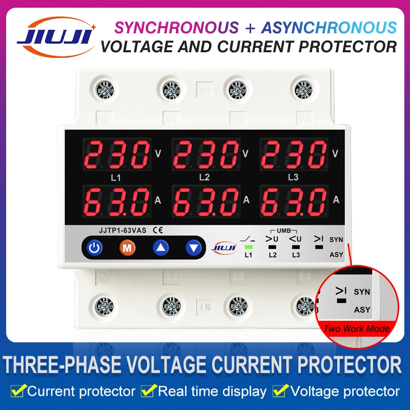3 Phase 63A Din Rail Adjustable Over Under Voltage Current Limit Protection Relay Protector SYN ASYNC Synchronous Asynchronous