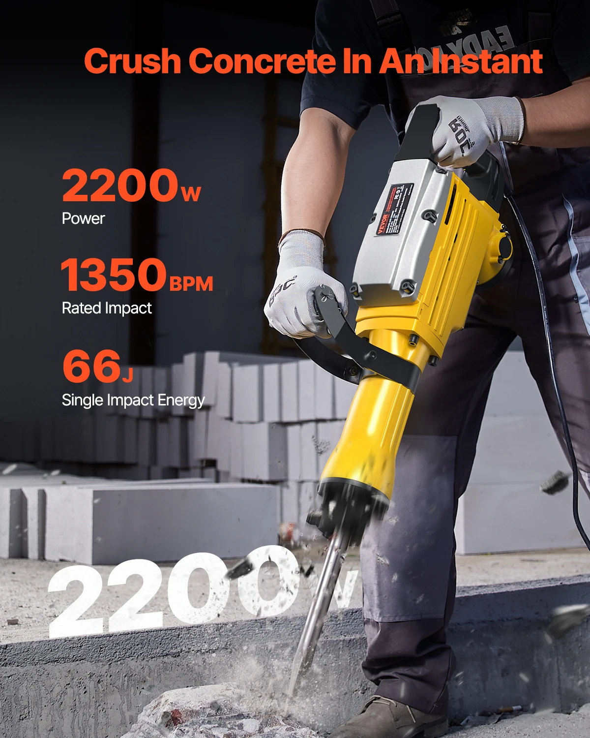 VEVOR 2200W 1350 BPM Demolition Jack Hammer Electric Jackhammer Heavy Duty Jack Hammer Concrete Breaker Storage Case