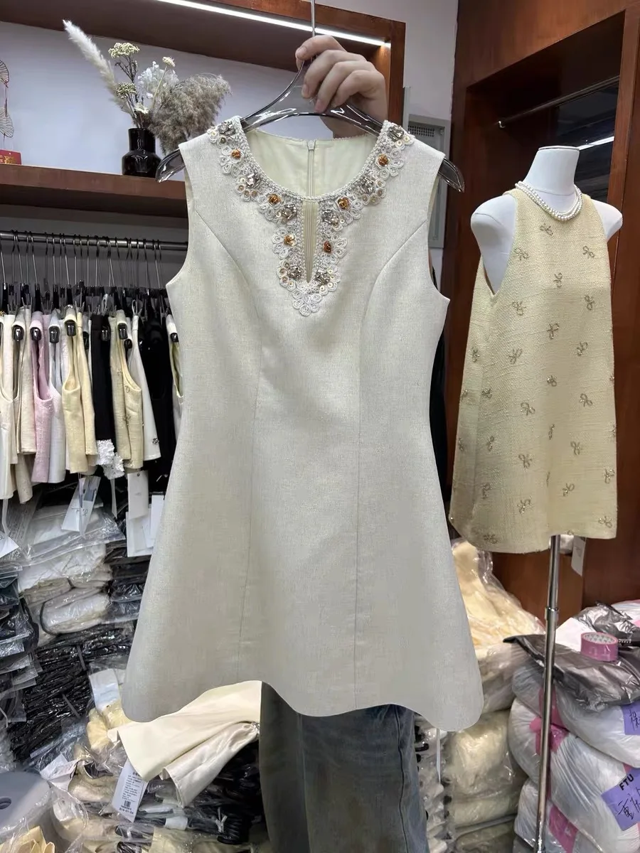 French Elegant Temperament Socialite Party Dresses Diamond Round Neck Sleeveless Loose High Waist A-line Short Tank Dress Women