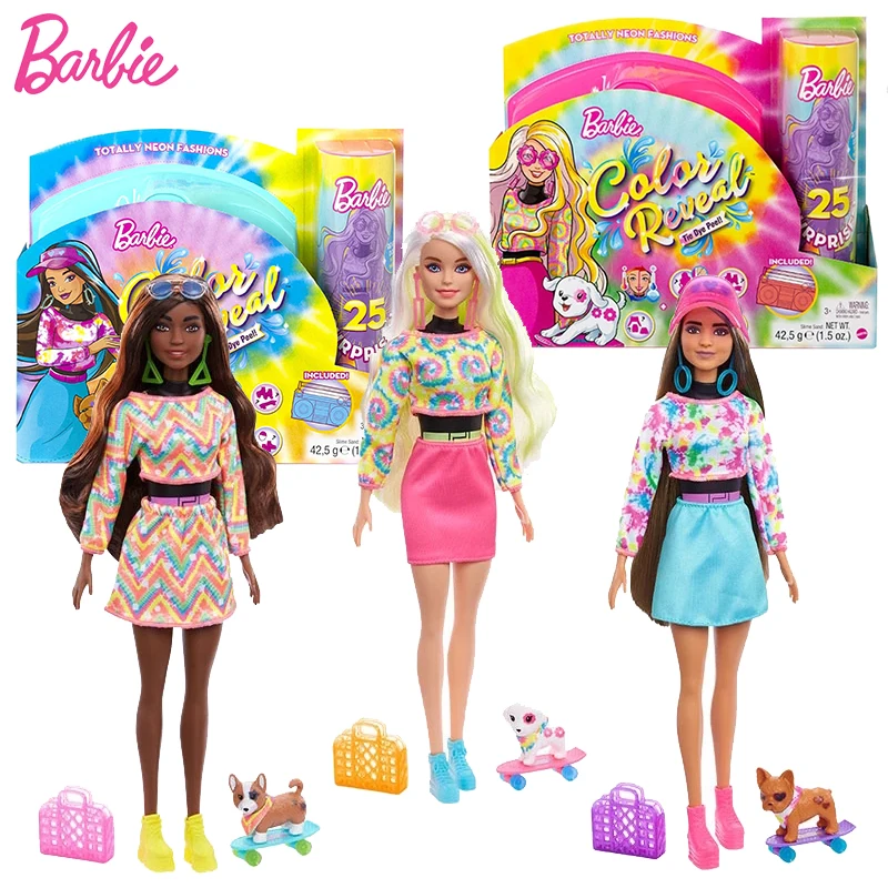 Original Barbie Color Reveal Doll Tie Dye Pee Totally Neon Fashions Surprise Accessories Toys for Girls Water Discoloration Gift