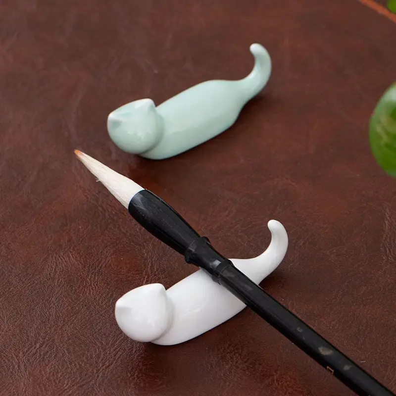 Creative Curved-Tail Cat, Cat Chopstick Rest & Brush Holder, Cute Ceramic Lucky Cat Ornament