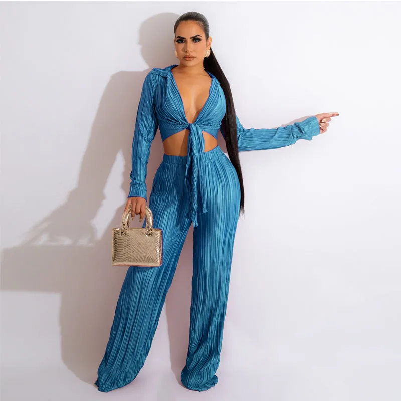 Elegant Pleated Ladies 2 Piece Set Women Sexy Up V Neck Long Sleeve Crop Top and Loose Pleated Pants Casual High Quality Sets