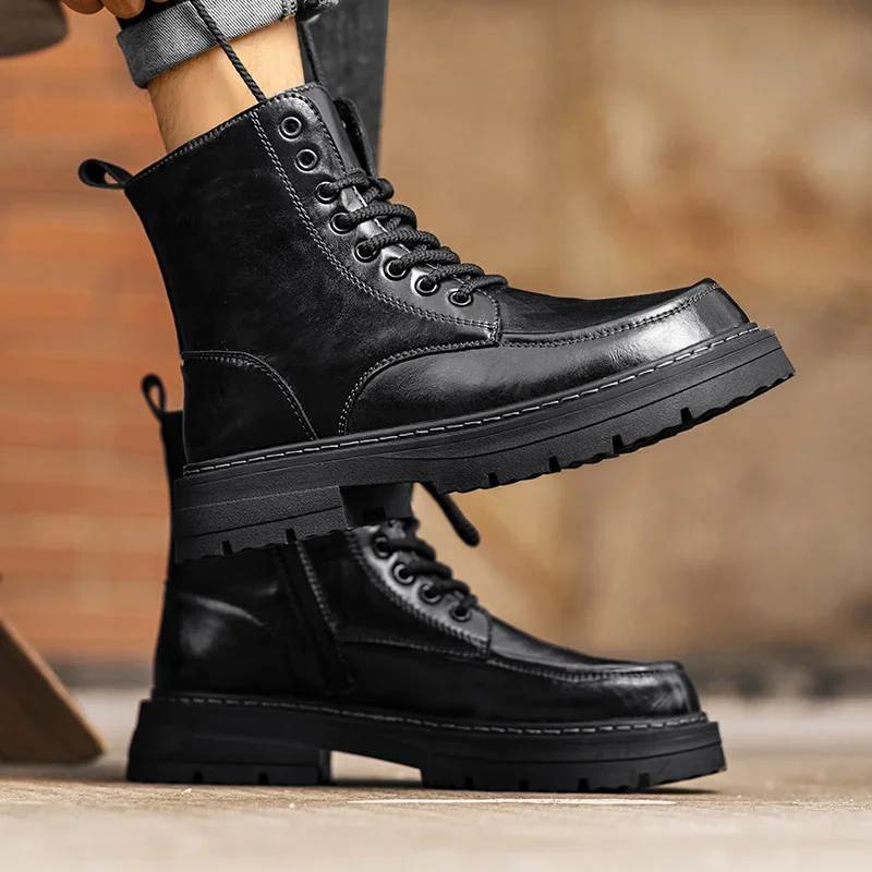 Botas masculinas pretas outono e inverno clássico design minimalista estilo lazer negócios escritório ao ar livre sapatos de caminhada da motocicleta -45