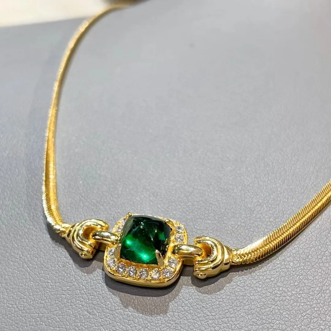 

BELLUX 925 Silver Gold Plated Synthetic CZ High Carbon Diamond Muzo Emerald Sugarloaf Cut Snake Chain Necklace