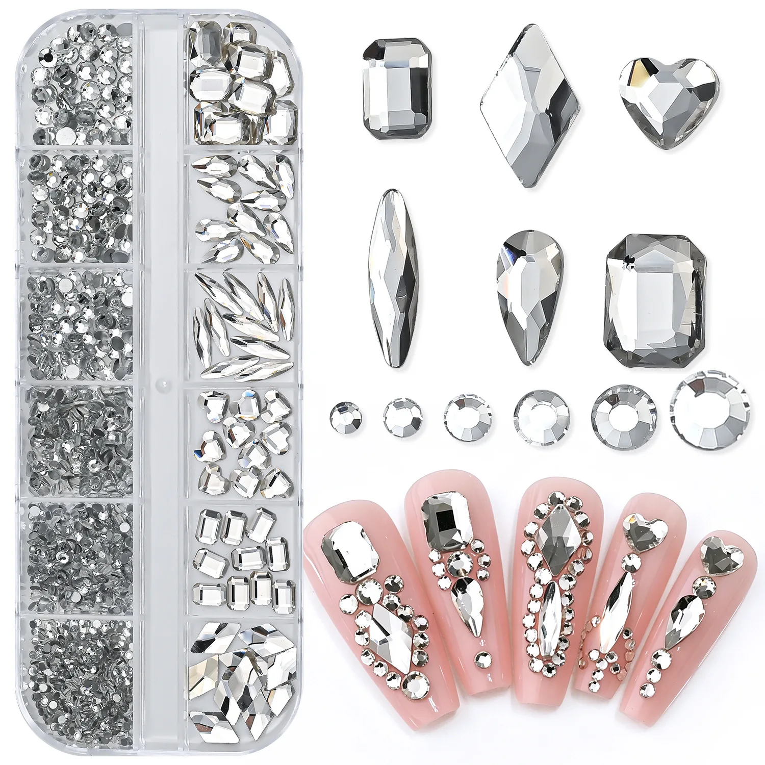 12Grid Mixed Shapes Nail Rhinestones Set Multi Color AB Crystal Flatback Glass Diamond Gemstones 3D DIY Nail Art Decorations Ma
